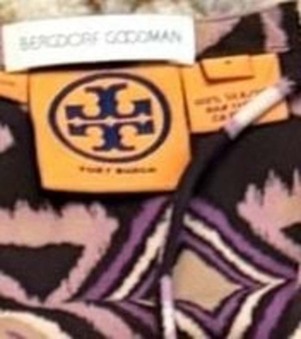 Tory Burch Geometric Print Silk Blouse with Ruched Sleeves and Drawstring Neck